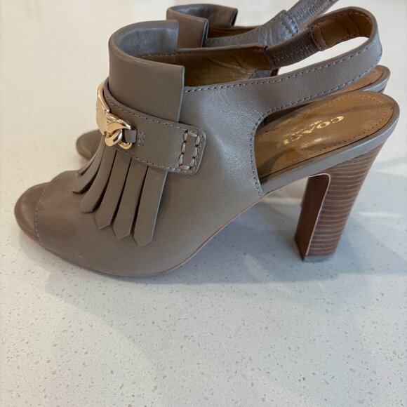 Coach Renita Taupe Leather Fringe Slingback Heels — Open Toe, Sz 9B, Pre-Owned - Picture 4 of 6